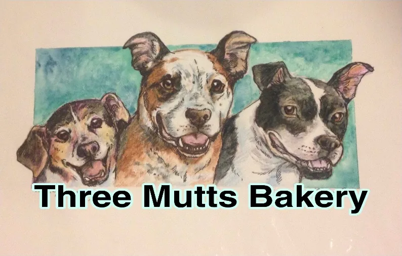 Watercolor portrait of Dexter, Marley, and Ted, the three rescue mutts who inspired Three Mutts Bakery