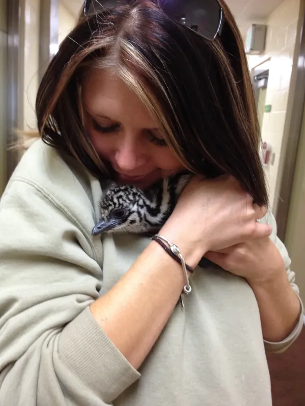 Shiloh Keuler cradling a downy baby bird chick at the zoo